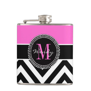 Hot Pink and Black Chevron Monogram Flask