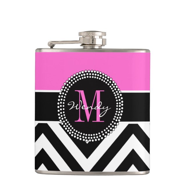 Hot Pink and Black Chevron Monogram Flask (Front)