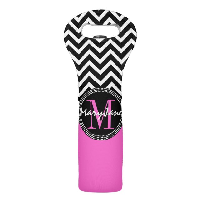 Hot Pink and Black Chevron Monogrammed Wine Bag (Back)