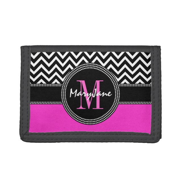 Hot Pink and Black Chevron Zig Zag Monogrammed Wallet (Front)