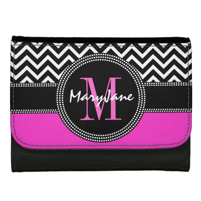 Hot Pink and Black Chevron Zig Zag Monogrammed Wallet (Front)