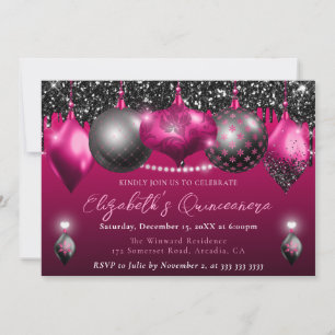 Hot Pink and Black Christmas Ornament Quinceanera Invitation