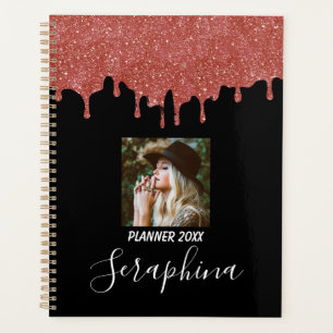 Hot Pink and Black Custom Photo Glitter Drips Planner