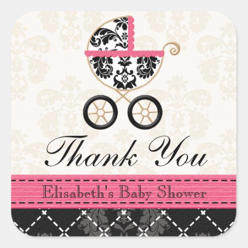HOT PINK and Black Damask Baby Carriage Thank You Square Sticker