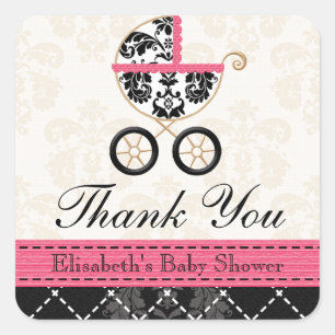HOT PINK and Black Damask Baby Carriage Thank You Square Sticker