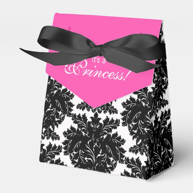 Hot Pink and Black Damask Baby Shower Favor Boxes (Front Side)
