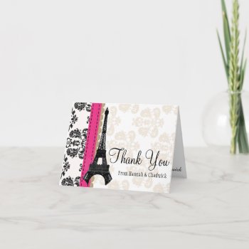 Hot Pink And Black Damask Eiffel Tower Thank You by OccasionInvitations at Zazzle