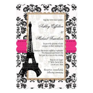 Hot Pink and Black Damask Eiffel Tower Wedding Card