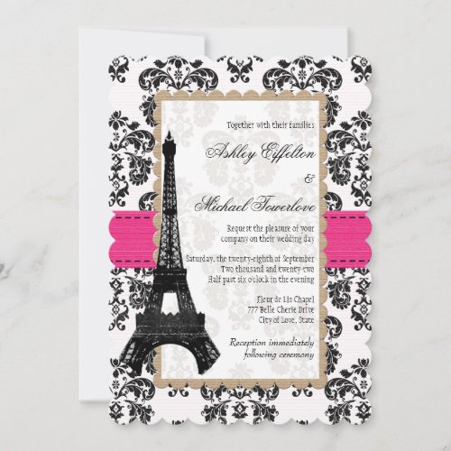 Hot Pink and Black Damask Eiffel Tower Wedding Invitation