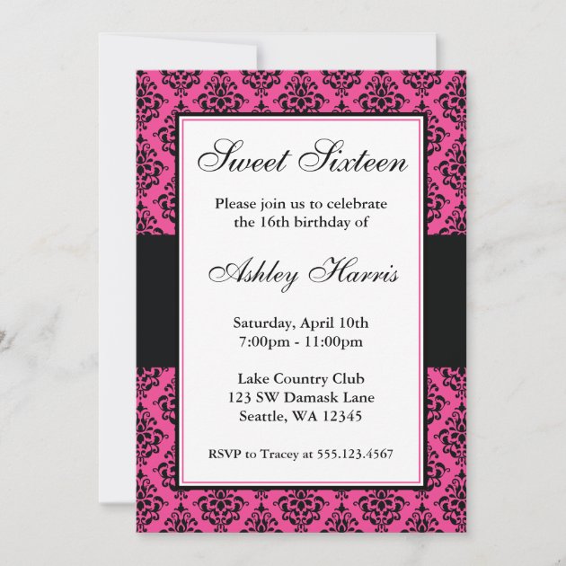 Hot Pink and Black Damask Sweet Sixteen Birthday Invitation | Zazzle