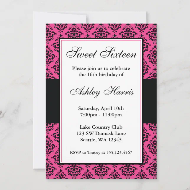 Hot Pink and Black Damask Sweet Sixteen Birthday Invitation | Zazzle