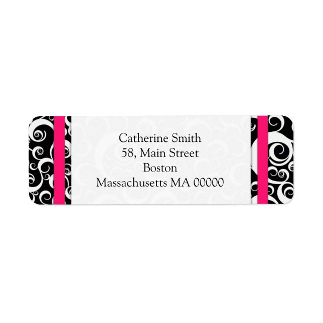 Hot Pink and Black Damask Swirls Address Labels (Front)
