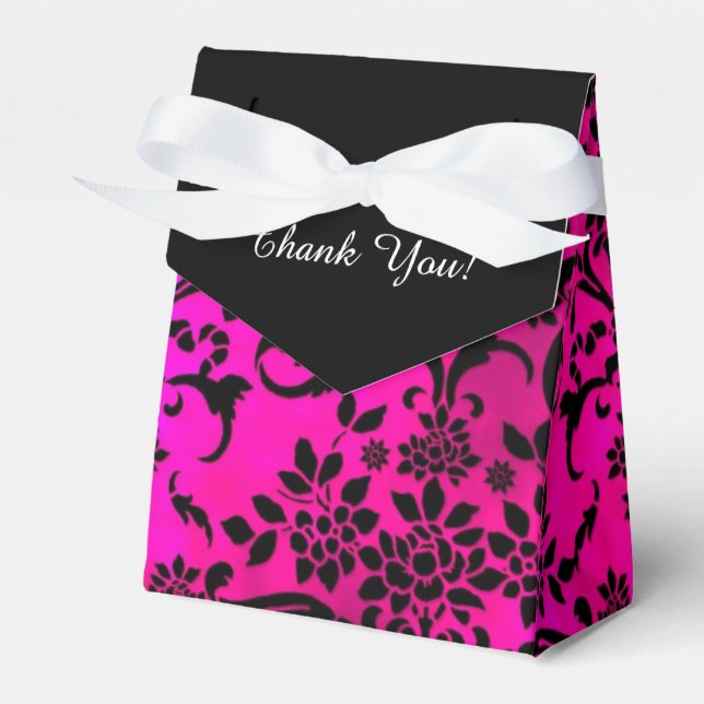 Hot Pink and Black Damask Thank You Favor Box (Front Side)