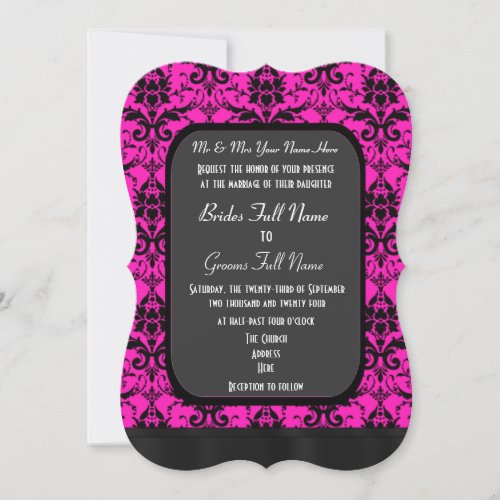 Hot pink and black damask wedding invitation