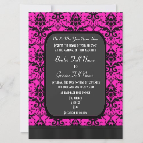 Hot pink and black damask wedding invitation