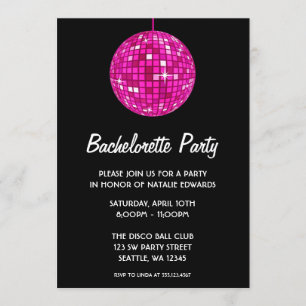 Hot Pink and Black Disco Ball Bachelorette Party Invitation