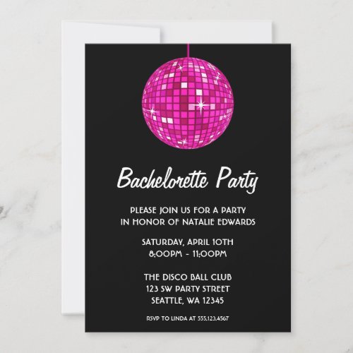 Hot Pink and Black Disco Ball Bachelorette Party Invitation