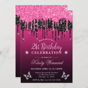 Hot Pink and Black Dripping Glitter 21st Birthday Invitation