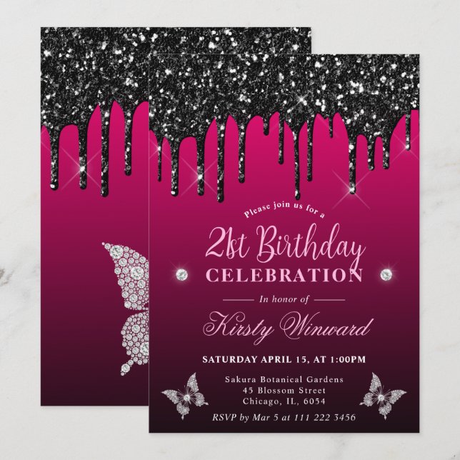 Hot Pink and Black Dripping Glitter 21st Birthday Invitation (Front/Back)