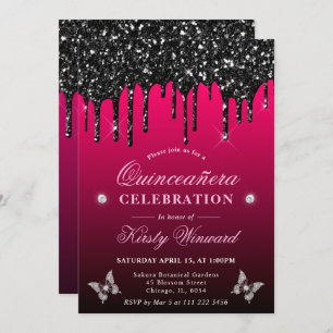 Hot Pink and Black Dripping Glitter Quinceanera Invitation