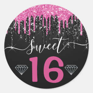 Hot Pink and Black Dripping Glitter Sweet 16 Classic Round Sticker