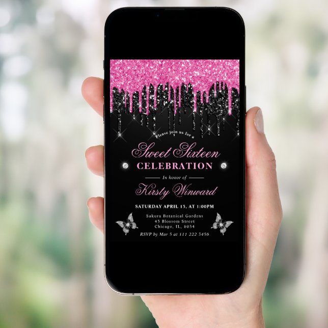 Hot Pink and Black Dripping Glitter Sweet 16 Invitation (Front Digital)
