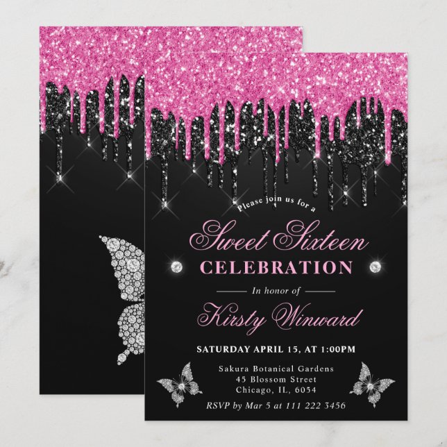 Hot Pink and Black Dripping Glitter Sweet 16 Invitation (Front/Back)