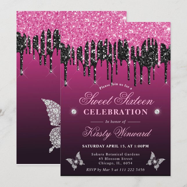 Hot Pink and Black Dripping Glitter Sweet 16 Invitation (Front/Back)