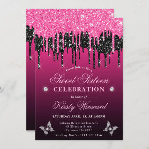 Hot Pink and Black Dripping Glitter Sweet 16 Invitation