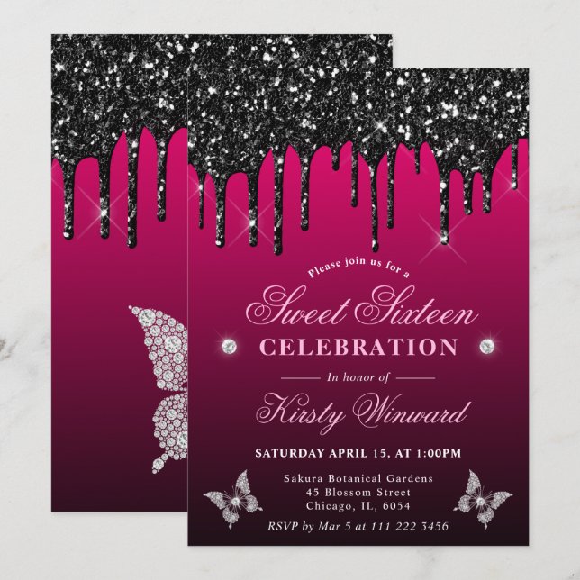 Hot Pink and Black Dripping Glitter Sweet 16 Invitation (Front/Back)
