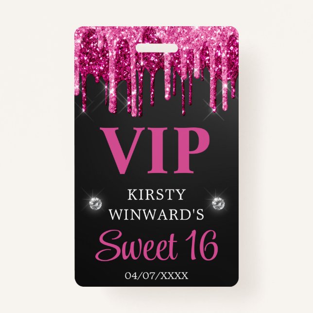 Hot Pink and Black Dripping Glitter Sweet Sixteen Badge (Front)