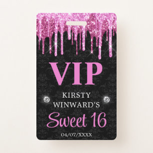 Hot Pink and Black Dripping Glitter Sweet Sixteen Badge