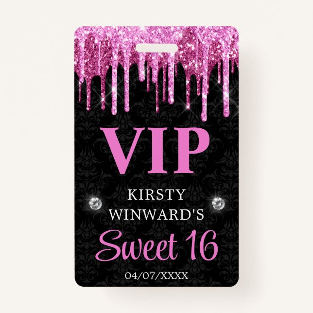 Hot Pink and Black Dripping Glitter Sweet Sixteen Badge (Front)