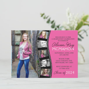 Hot Pink and Black Filmstrip 6 Photo Graduation Invitation