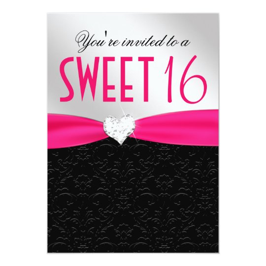 Hot Pink and Black Floral Damask Diamond Heart Card