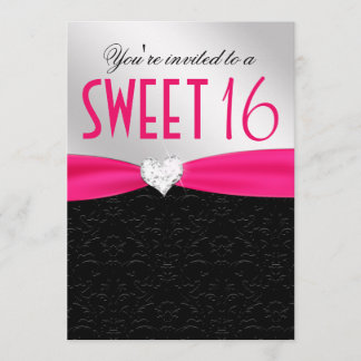 Hot Pink and Black Floral Damask Diamond Heart Invitation