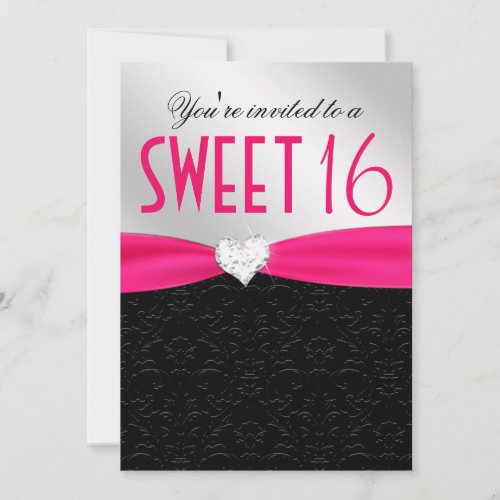 Hot Pink and Black Floral Damask Diamond Heart Personalized Invitations