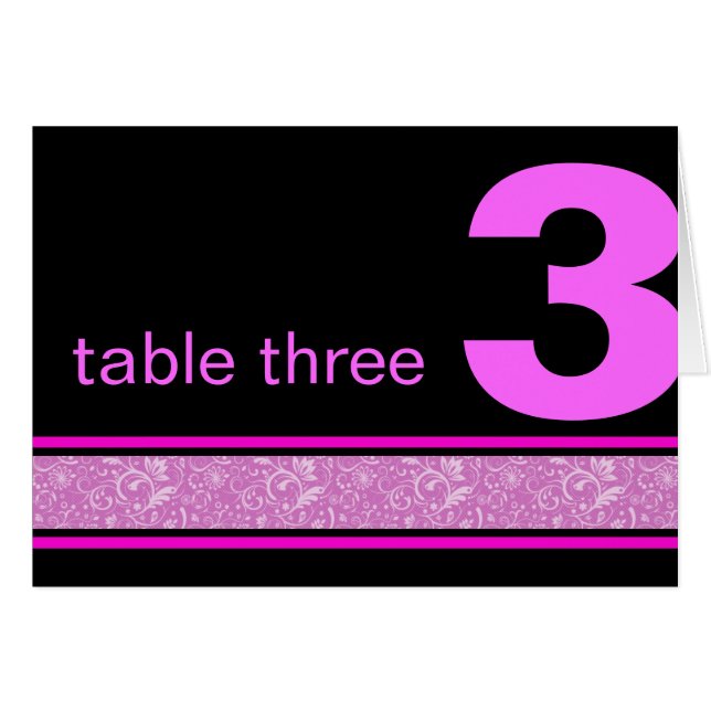 Hot Pink and Black Floral Damask Wedding Table  Cards (Front Horizontal)