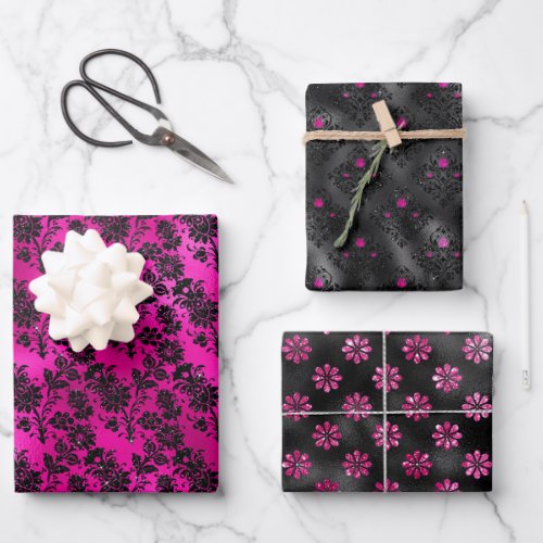 Hot Pink and Black Floral Damask Wrapping Paper Sheets