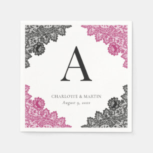 Hot Pink and Black Floral Lace Monogram Wedding Napkins