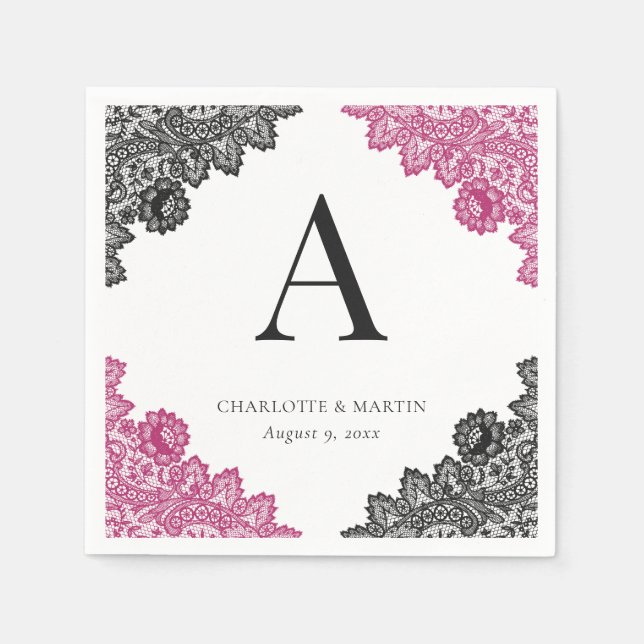 Hot Pink and Black Floral Lace Monogram Wedding Napkins (Front)