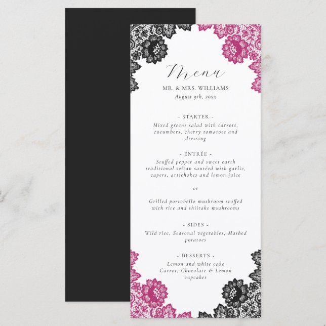 Hot Pink and Black Floral Lace Wedding Menu (Front/Back)