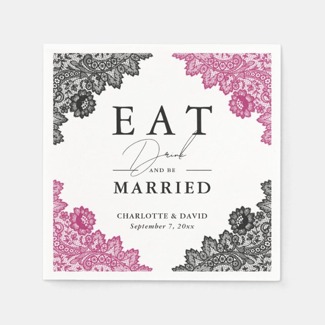 Hot Pink and Black Floral Lace Wedding Napkins (Front)