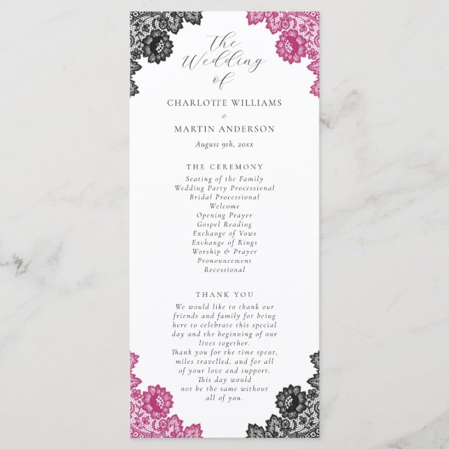 Hot Pink and Black Floral Lace Wedding Program (Front)