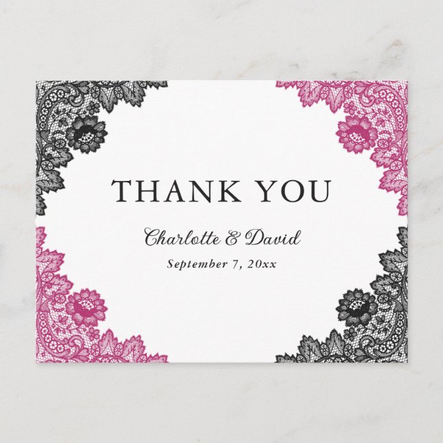 Hot Pink and Black Floral Lace Wedding Thank You Postcard (Front)