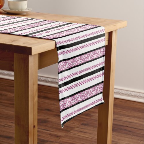 Hot Pink and Black Flowery Stripes Medium Table Runner
