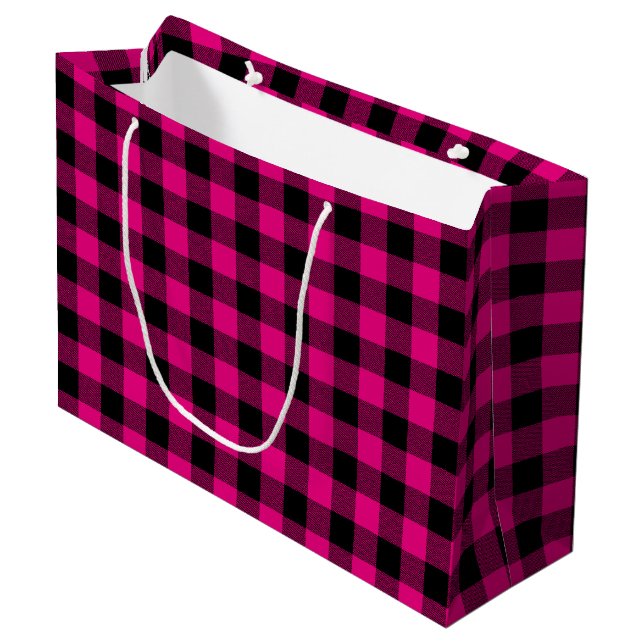 Hot Pink and Black Gingham Plaid Large Gift Bag (Front Angled)
