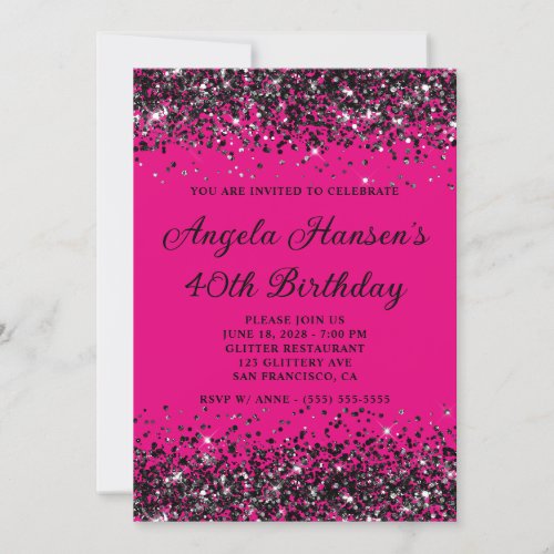 Hot Pink and Black Glitter 40th Birthday Invitation