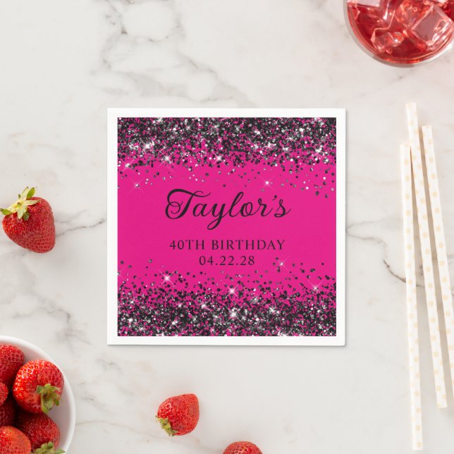 Hot Pink and Black Glitter 40th Birthday Napkins (Insitu)