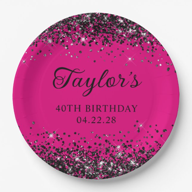 Hot Pink and Black Glitter 40th Birthday Paper Plates (Front)